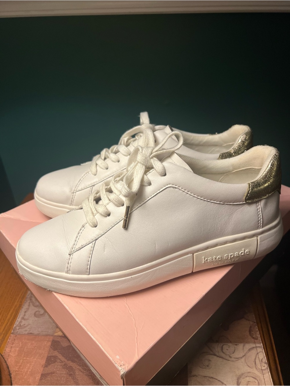 kate spade Lift White Leather Lace-Up Sneakers with Gold Heel Tab